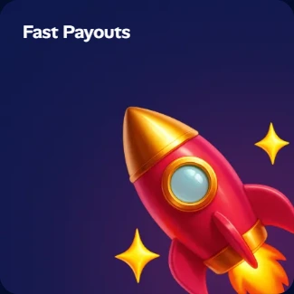 Fast Payouts icon featuring a red rocket ship launching with yellow stars.