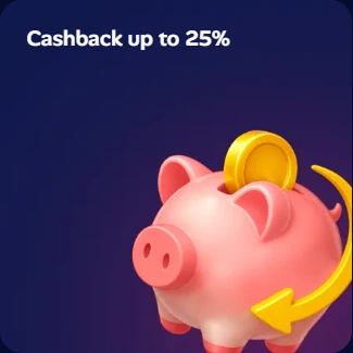 Cashback up to 25% icon featuring a pink piggy bank and a golden coin.