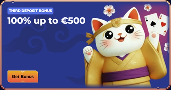 Manekispin Casino third deposit bonus 100% up to €500 with lucky cat