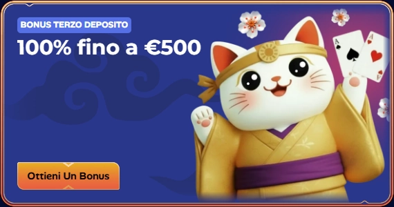 Manekispin Casino 100% up to €500 third deposit bonus banner with cute cat
