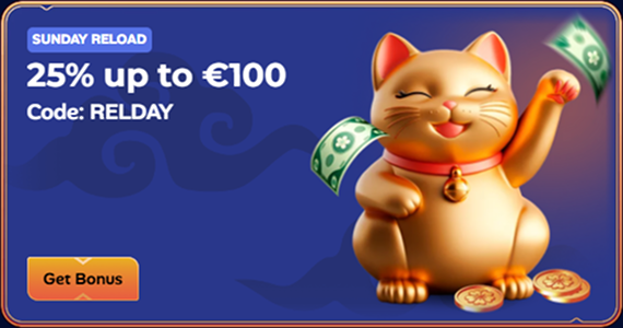 Manekispin Casino Sunday Reload bonus banner 25% up to €100 with code RELDAY