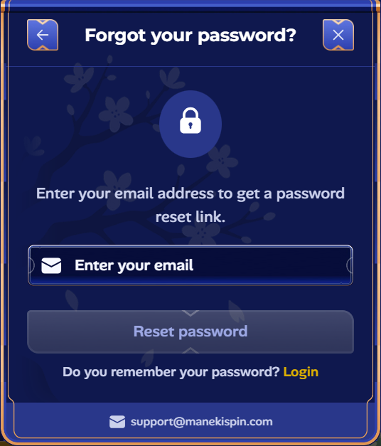 Manekispin Casino password recovery page with email input field