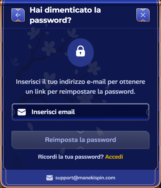 Manekispin Casino password recovery page with email input