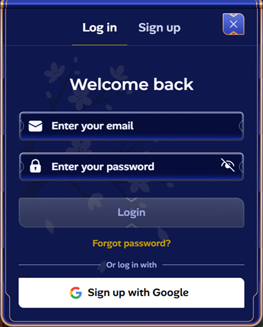 Manekispin Casino login screen with email and password fields