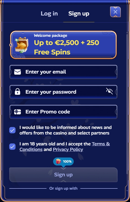 Manekispin Casino sign up form with email, password, and promo code fields