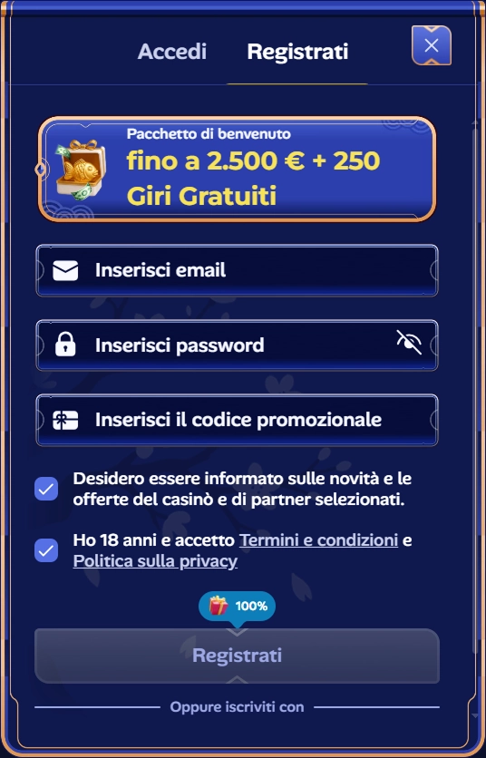 Manekispin Casino registration page with bonus offer and free spins