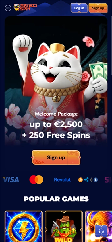 Manekispin Casino welcome package banner with up to €2,500 bonus and 250 free spins