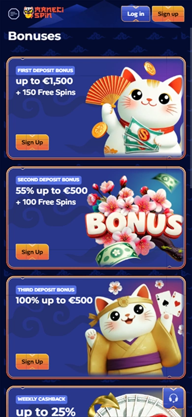 Manekispin Casino bonuses: 1st deposit up to €1500 + 150 free spins
