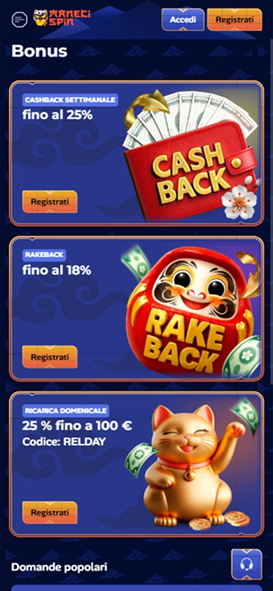 Manekispin Casino bonus banners: cashback, rakeback, and Sunday reload.