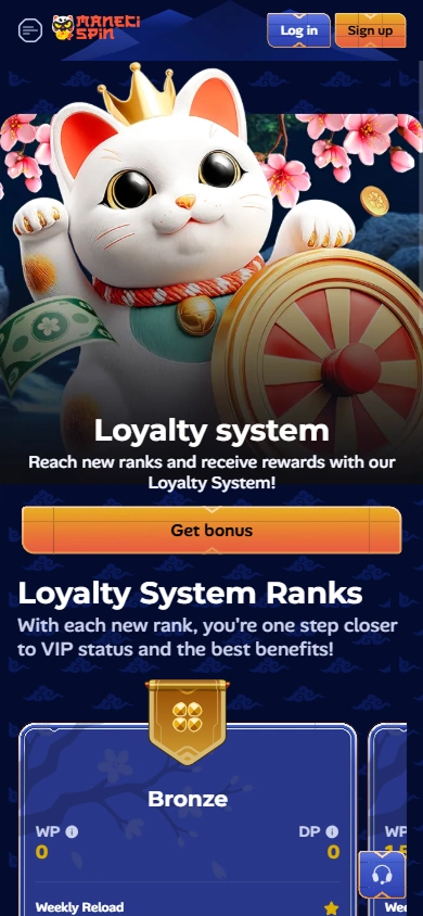 Manekispin Casino loyalty system with bronze rank and rewards