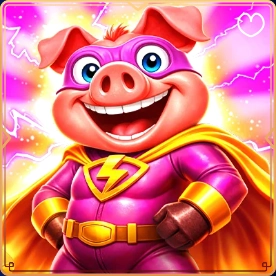 Super Pig superhero slot game with lightning background