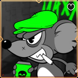 Cartoon mouse with green hat smoking and holding toxic drink