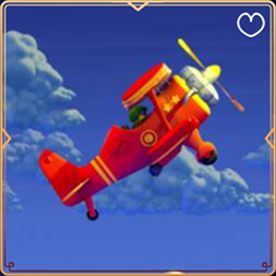 Red biplane with yellow accents flying in a blue sky with clouds