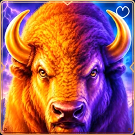 Fierce bison with fiery orange and purple fur, stormy background