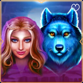 Fantasy woman with blonde hair and a blue wolf