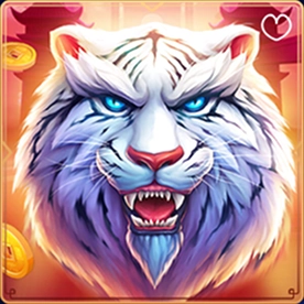 White tiger with blue eyes and fierce expression, slot game symbol