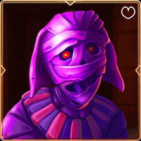 Purple mummy character with glowing red eyes and bandages