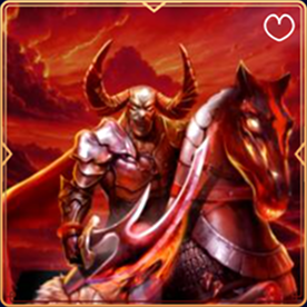Armored warrior on horseback with fiery sword in hellish landscape