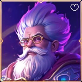 Wise old wizard with white hair and beard, wearing glasses, in a purple cosmic background